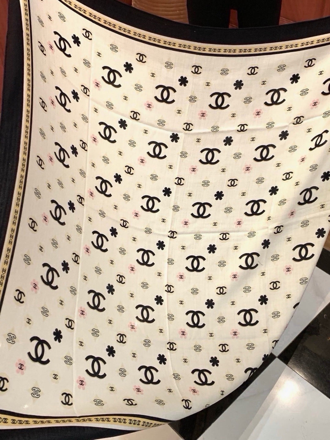 Chanel 2026 Floral Motifs Scarf 140cm Black White Silk 213754