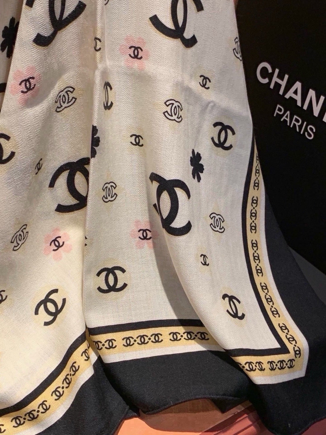 Chanel 2026 Floral Motifs Scarf 140cm Black White Silk 213754