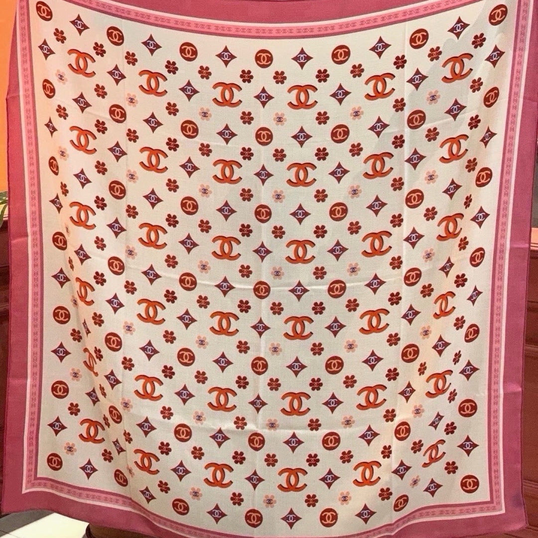 Chanel 2026 Floral Motifs Scarf 140cm Pink White Silk 213761