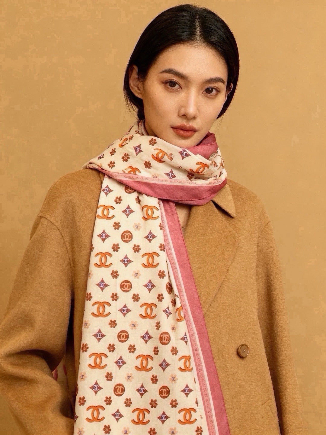 Chanel 2026 Floral Motifs Scarf 140cm Pink White Silk 213761