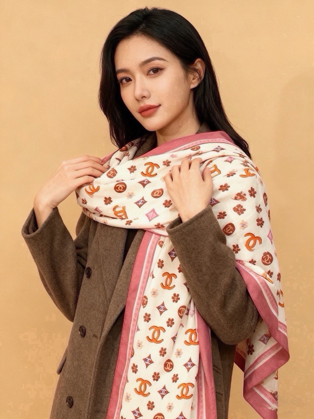 Chanel 2026 Floral Motifs Scarf 140cm Pink White Silk 213761