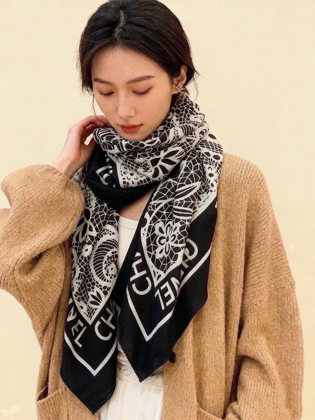Chanel 2026 Lace Pattern Scarf 135cm Black Silk And Cashmere 213765