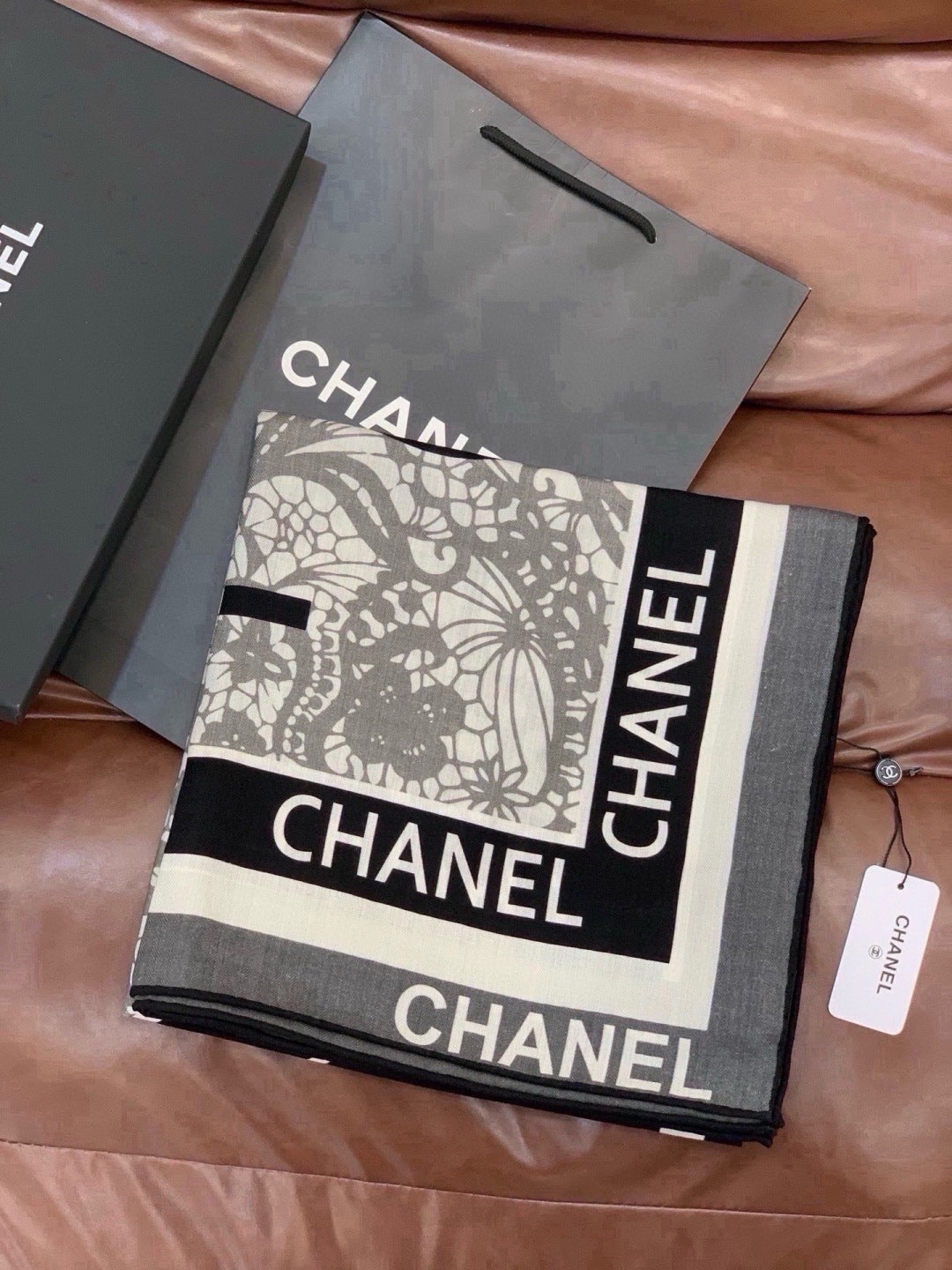 Chanel 2026 Lace Pattern Scarf 135cm Black Gray Silk And Cashmere 213767