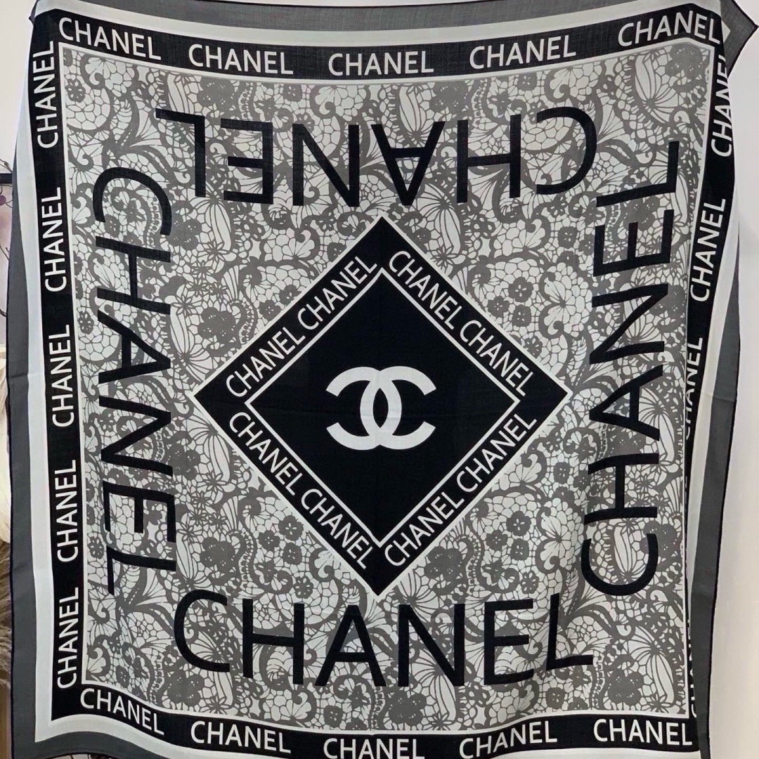 Chanel 2026 Lace Pattern Scarf 135cm Black Gray Silk And Cashmere 213767