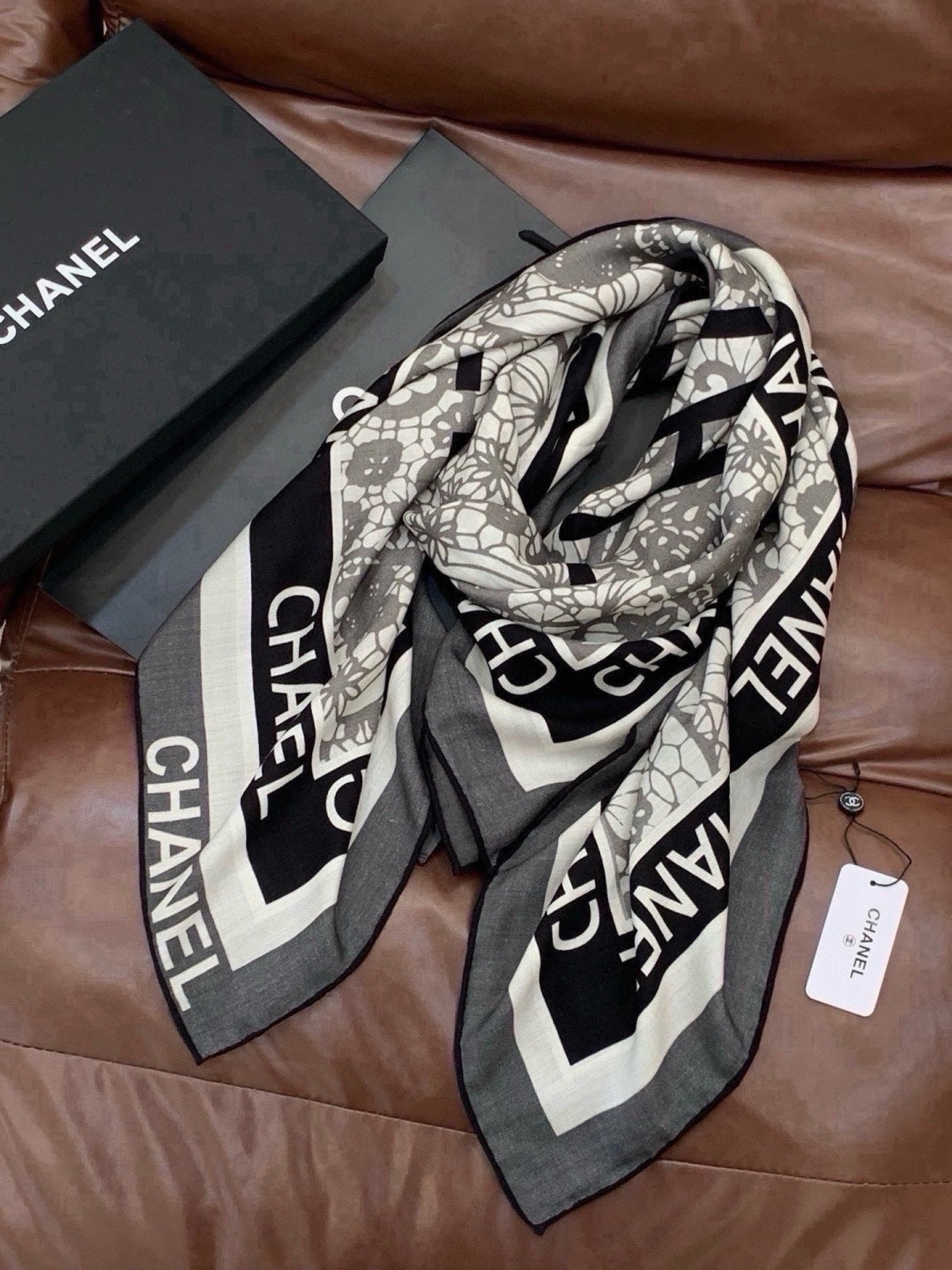 Chanel 2026 Lace Pattern Scarf 135cm Black Gray Silk And Cashmere 213767