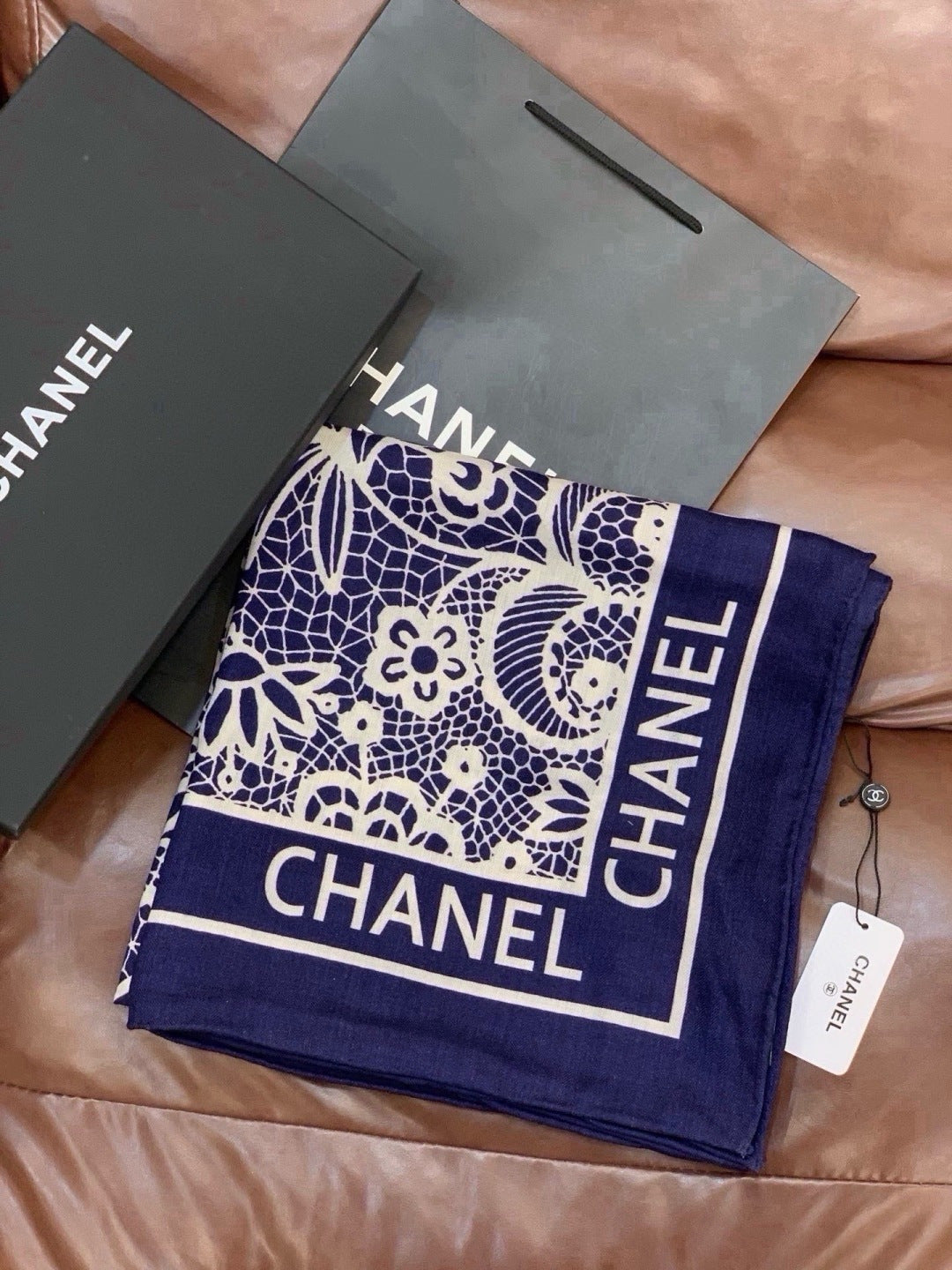 Chanel 2026 Lace Pattern Scarf 135cm Dark Blue Silk And Cashmere 213766