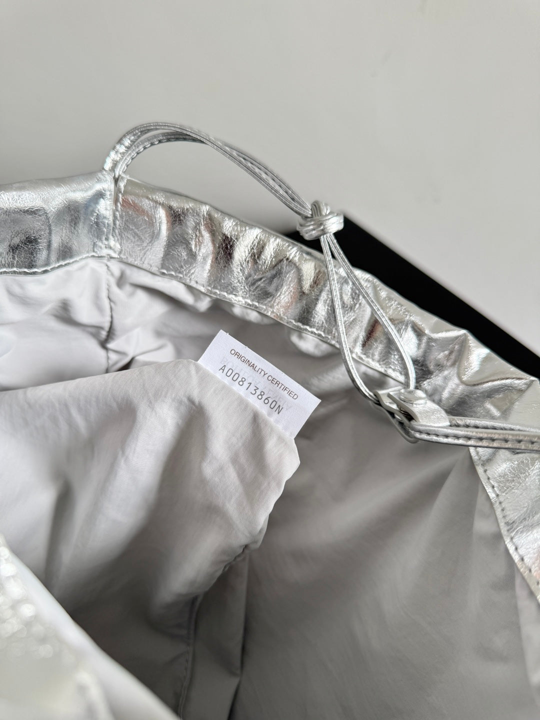 Bottega Veneta 2026 Dust Bag Silver Laminated Leather