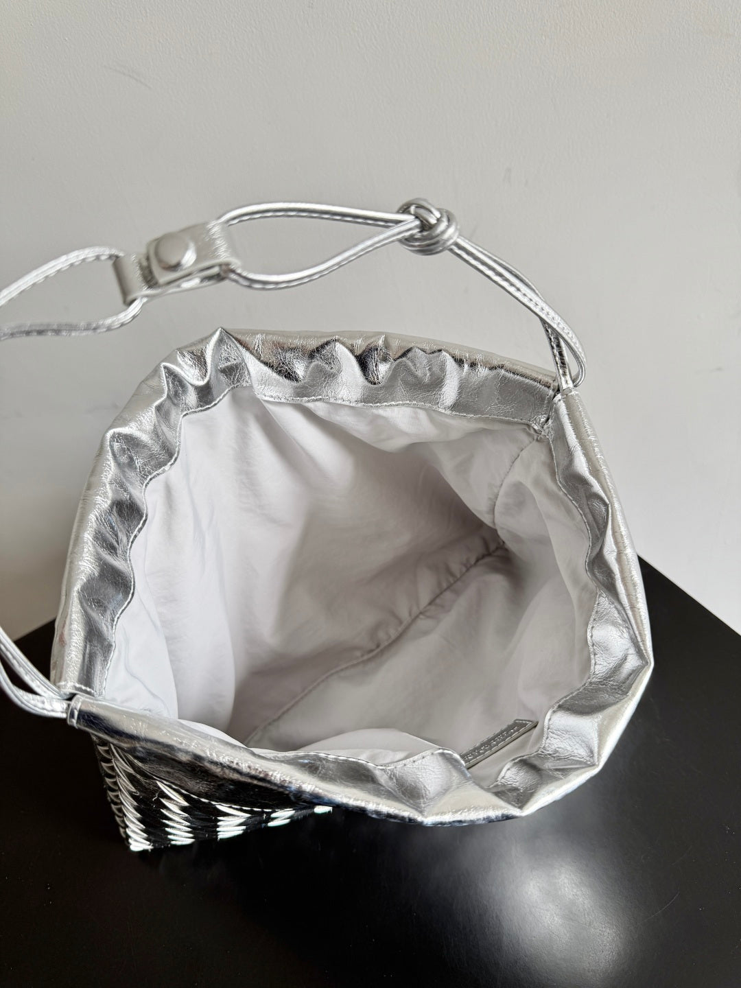 Bottega Veneta 2026 Dust Bag Silver Laminated Leather