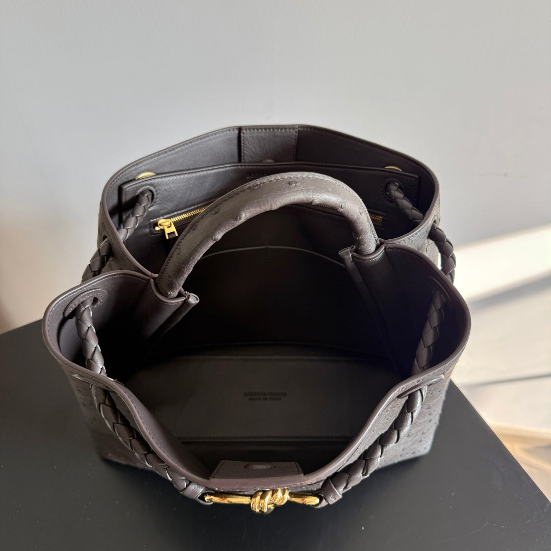 Bottega Veneta 2026 Andiamo Bag Dark Brown Ostrich Leather