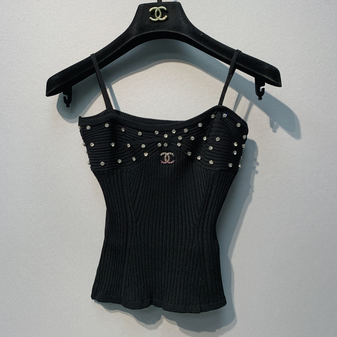 Chanel 2026 Knit Camisole White and Black Polyester Viscose