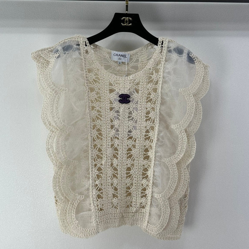 Chanel 2026 Crocheted Lace Vest Cream Tencel Wool 362357