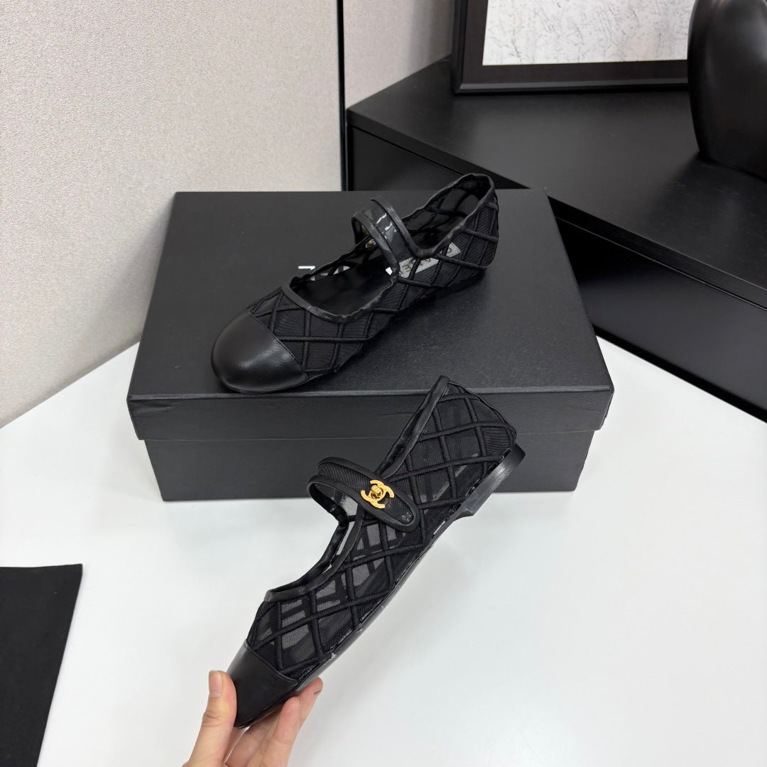 CC 25 Mary Jane White Black Mesh Calfskin