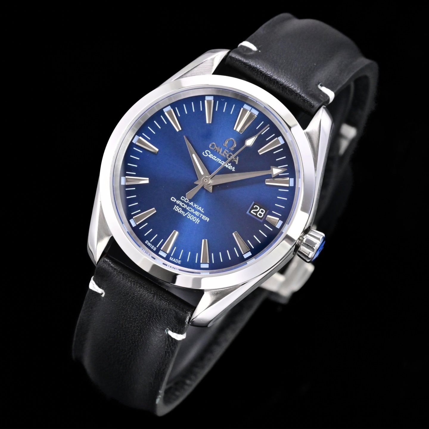 Omega Seamaster 150M Aqua Terra Observatory 39mm Blue Dial Black Leather Strap