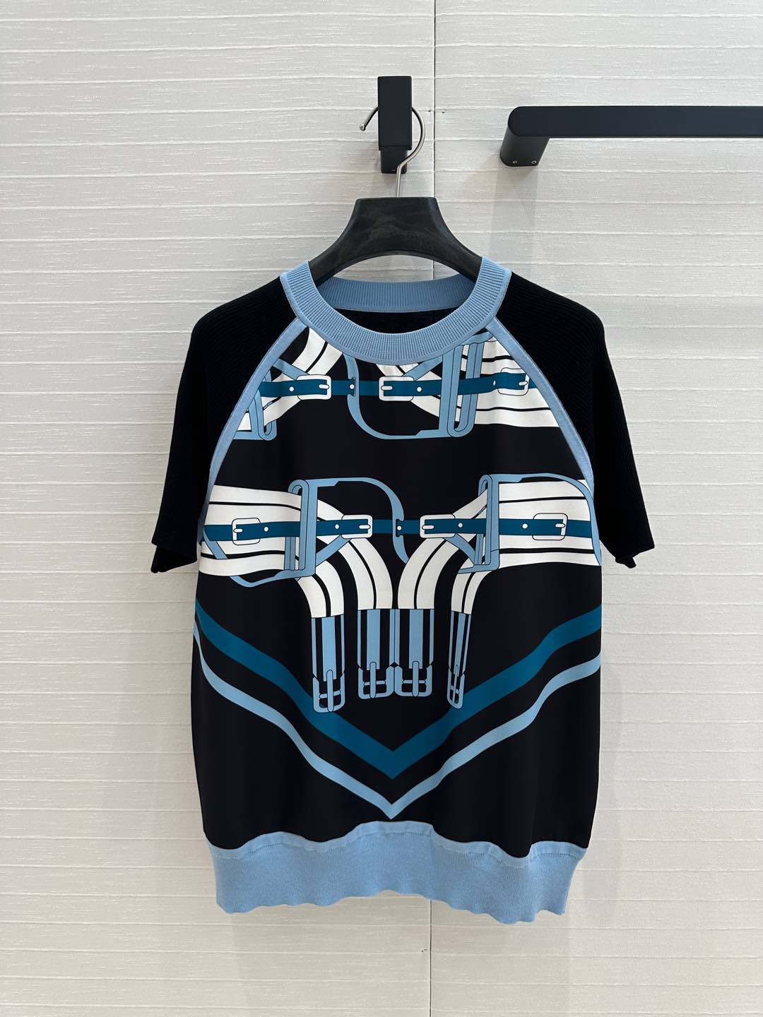 Hm 25 Print Patchwork Knit Top Black Blue Tencel Wool