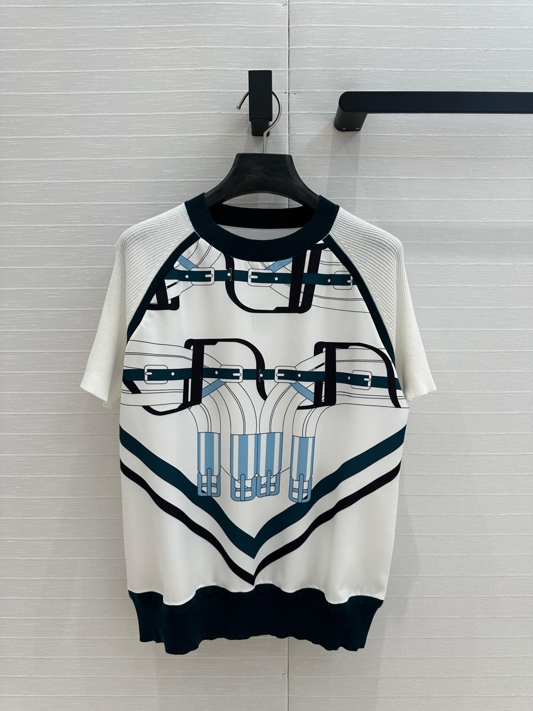 Hm 25 Print Patchwork Knit Top White Blue Tencel Wool