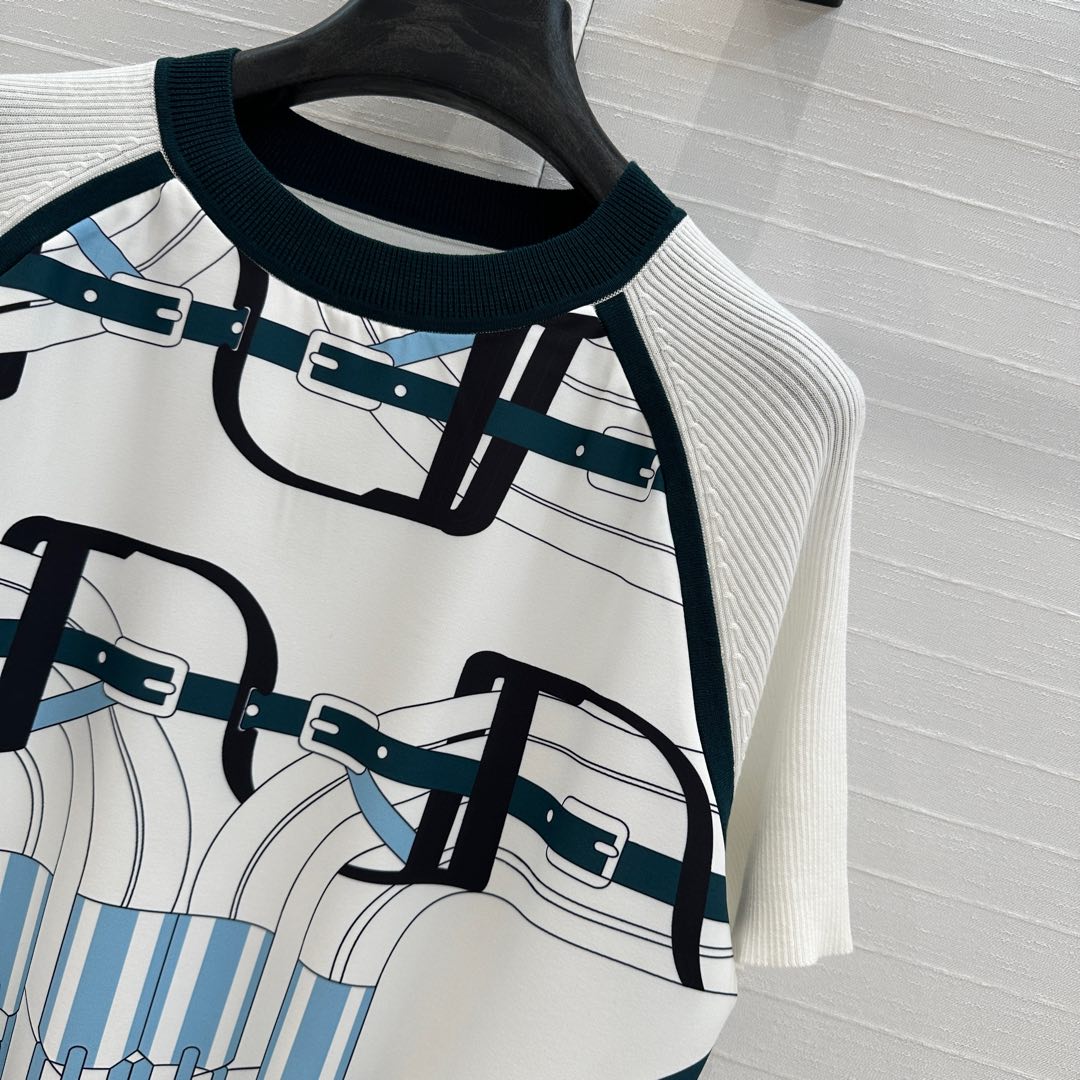 Hm 25 Print Patchwork Knit Top White Blue Tencel Wool