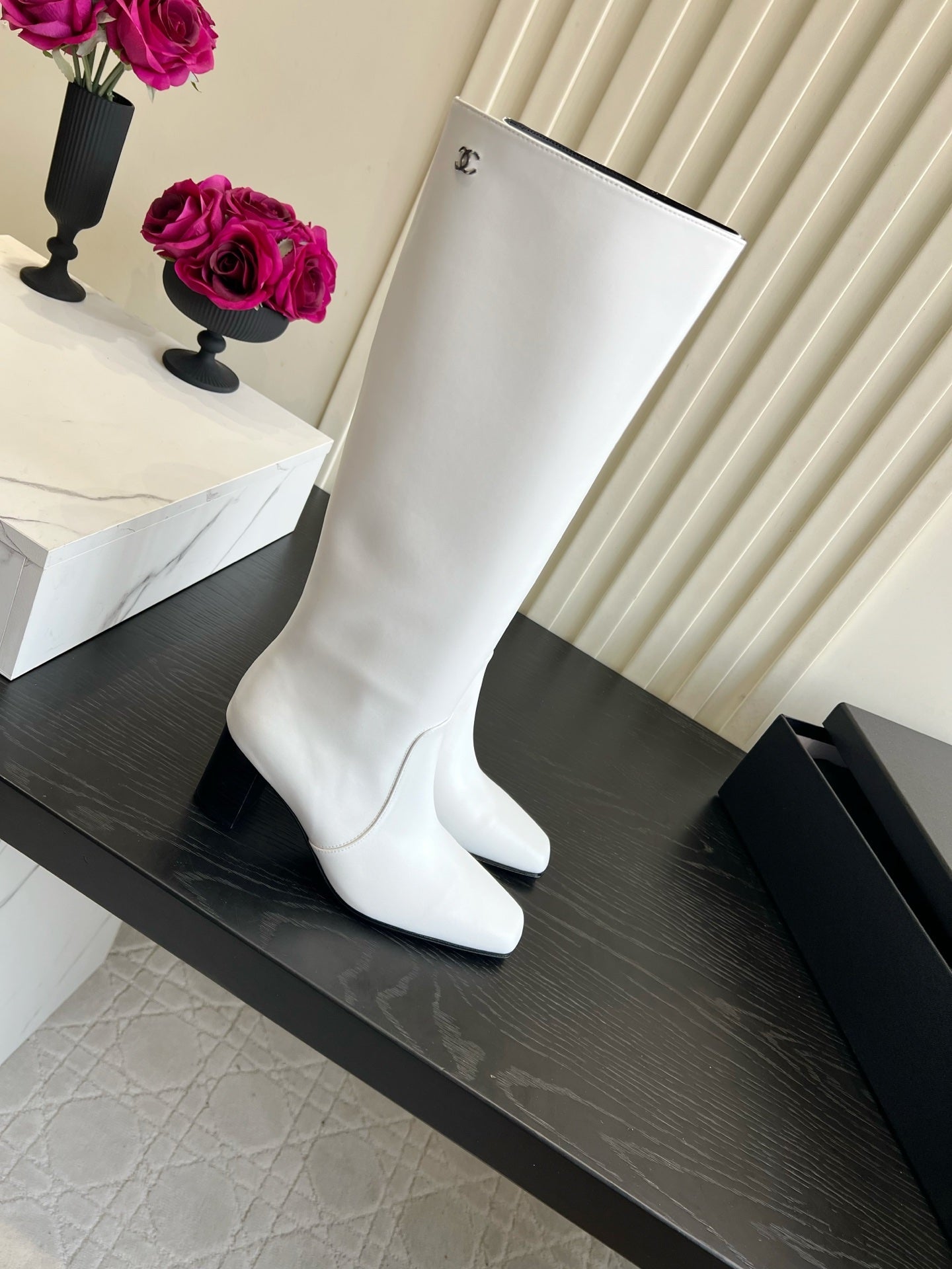 Chanel 2026 Square Toe Chunky Heel High Boots 50mm Cowhide 977240
