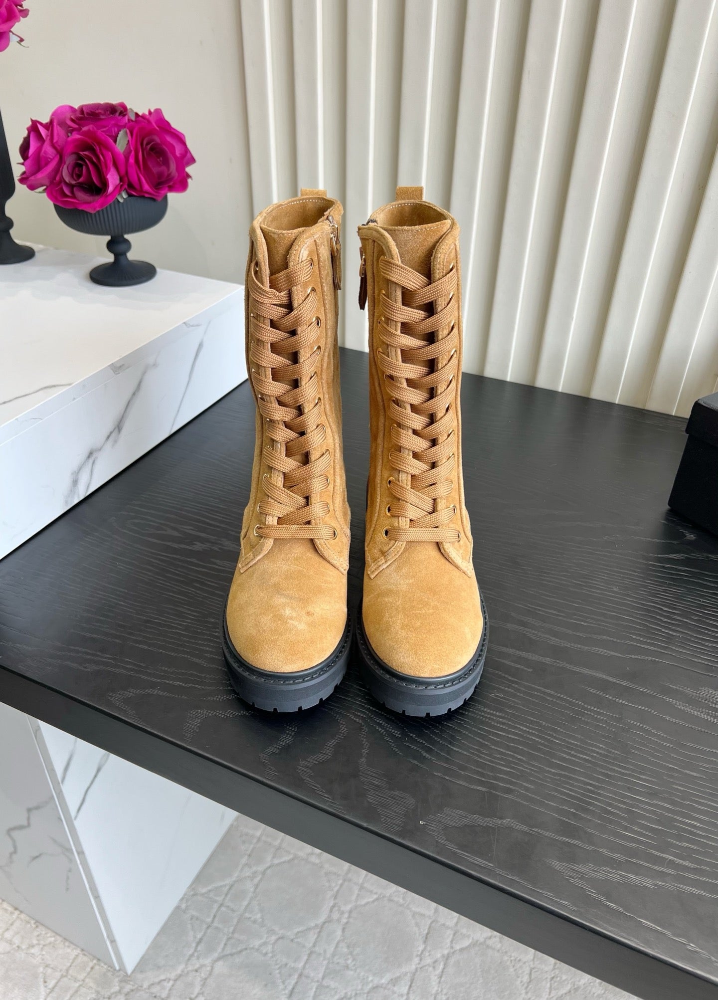 Chanel 2026 Quilted Logo Lace Up Tall Combat Boots Suede Cowhide 977208