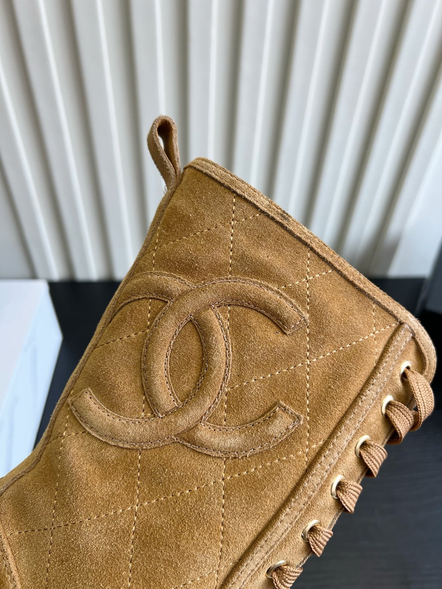 Chanel 2026 Quilted Logo Lace Up Tall Combat Boots Suede Cowhide 977208
