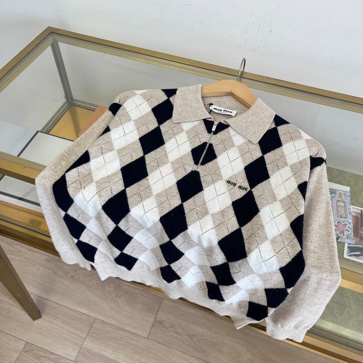 Miumiu 2026 Argyle Pattern Polo Sweater Beige Black Cashmere 435396