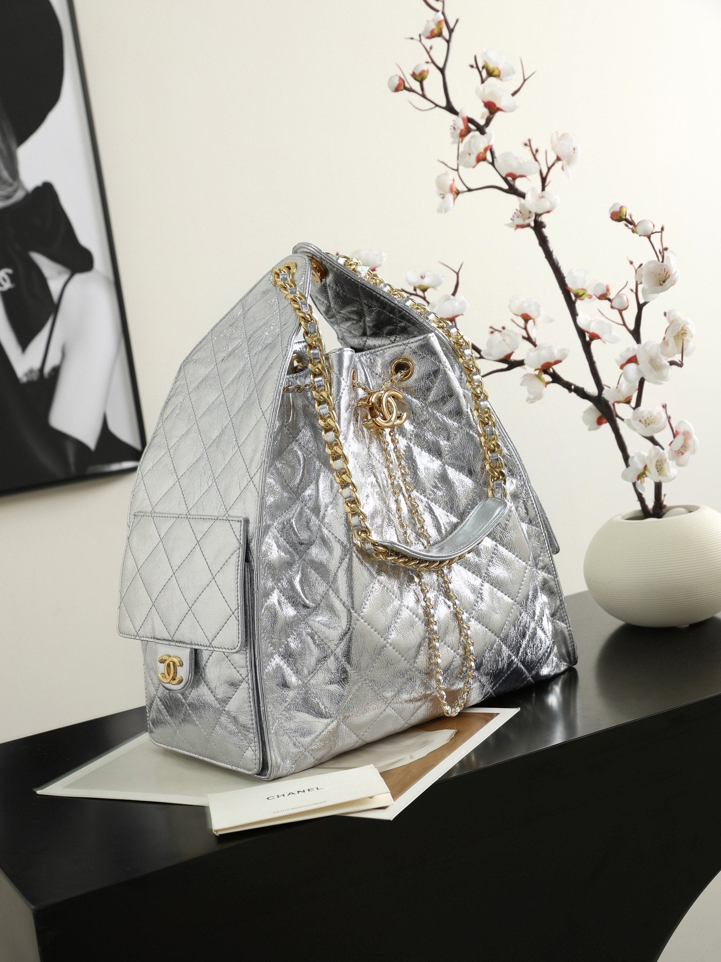 Chanel 2026 Hobo Bag 40cm Silver and Gold Mettalic Leather