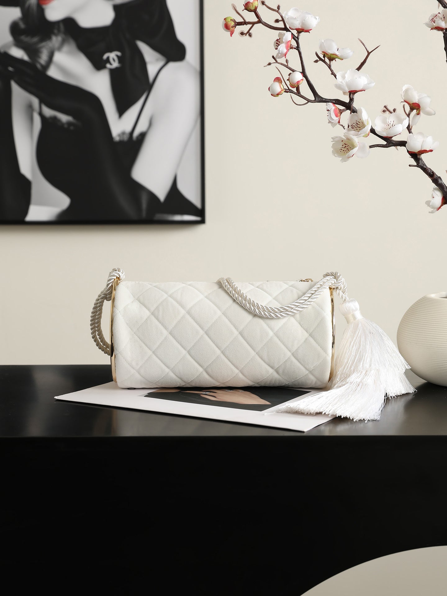 Chanel 2026 Clutch With Strap 23.5cm White Velvet Leather