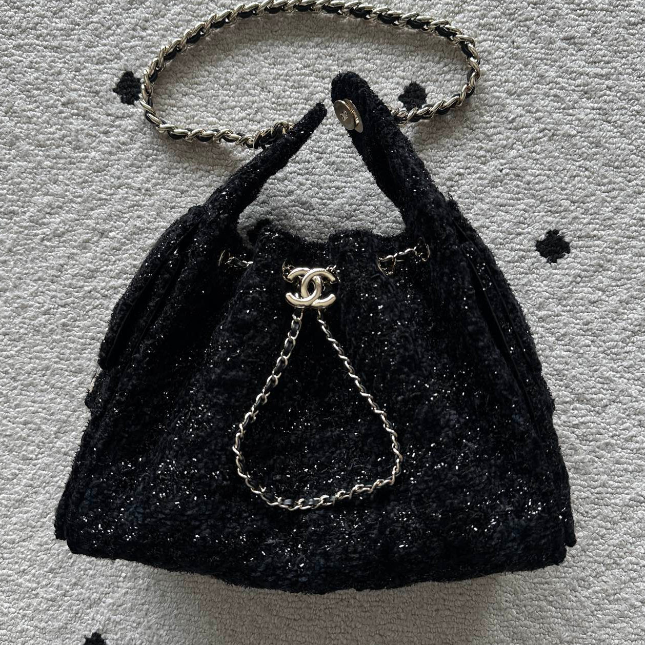 Chanel 2026 Hobo Bag Black Cotton And Wool Tweed