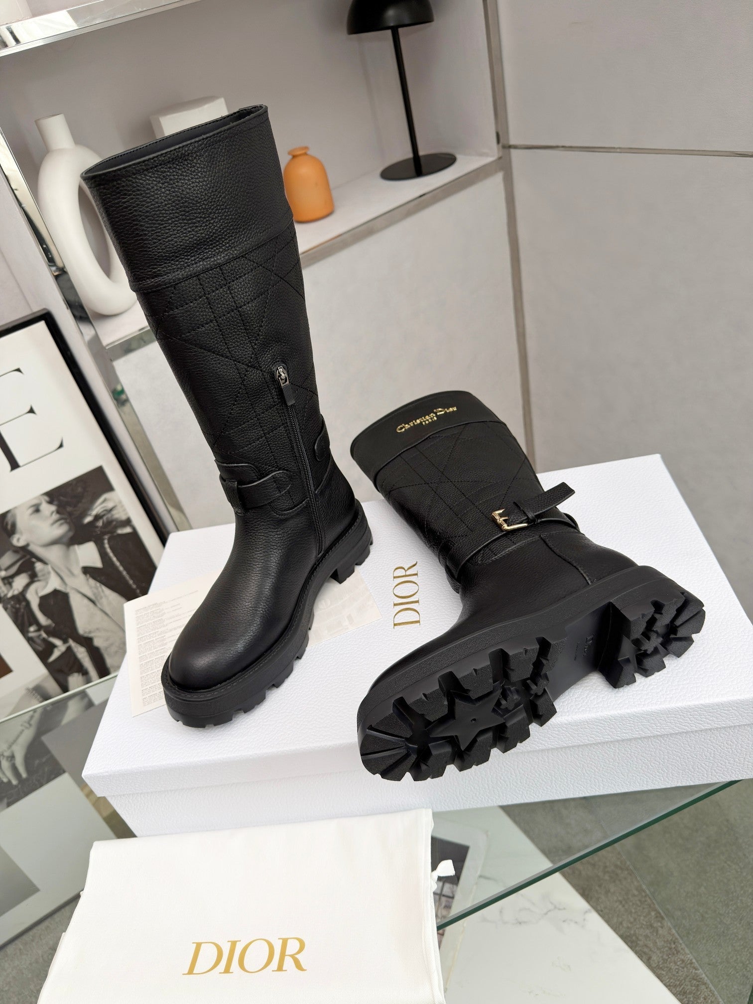 Dior 2026 D-Town Boots Black Lychee Leather 966781