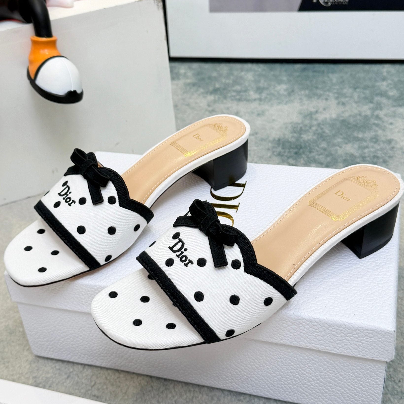 Dior 2026 Polka Dot Bow Chunky Heel Sandals Canvas 947860