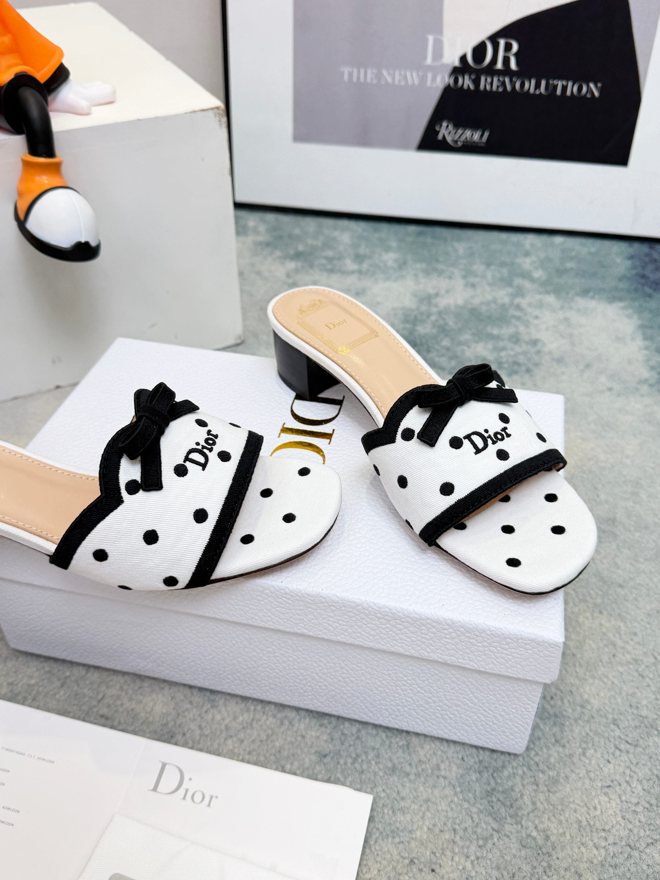 Dior 2026 Polka Dot Bow Chunky Heel Sandals Canvas 947860