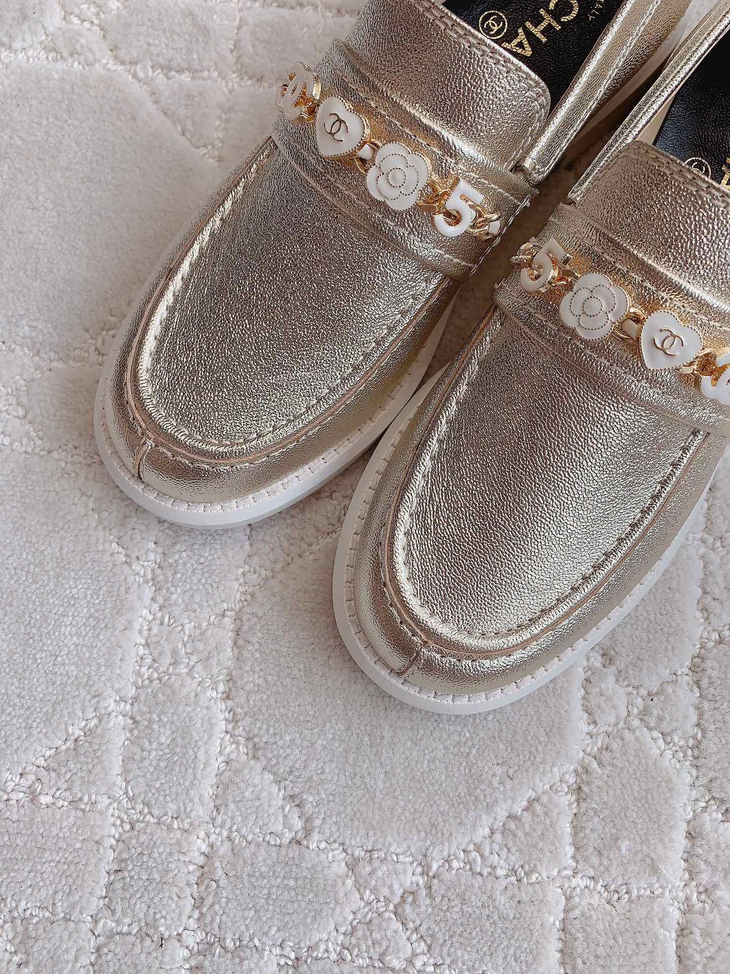 Chanel 2026 Embellished Strap Loafers Gold Metallic Cowhide 977365