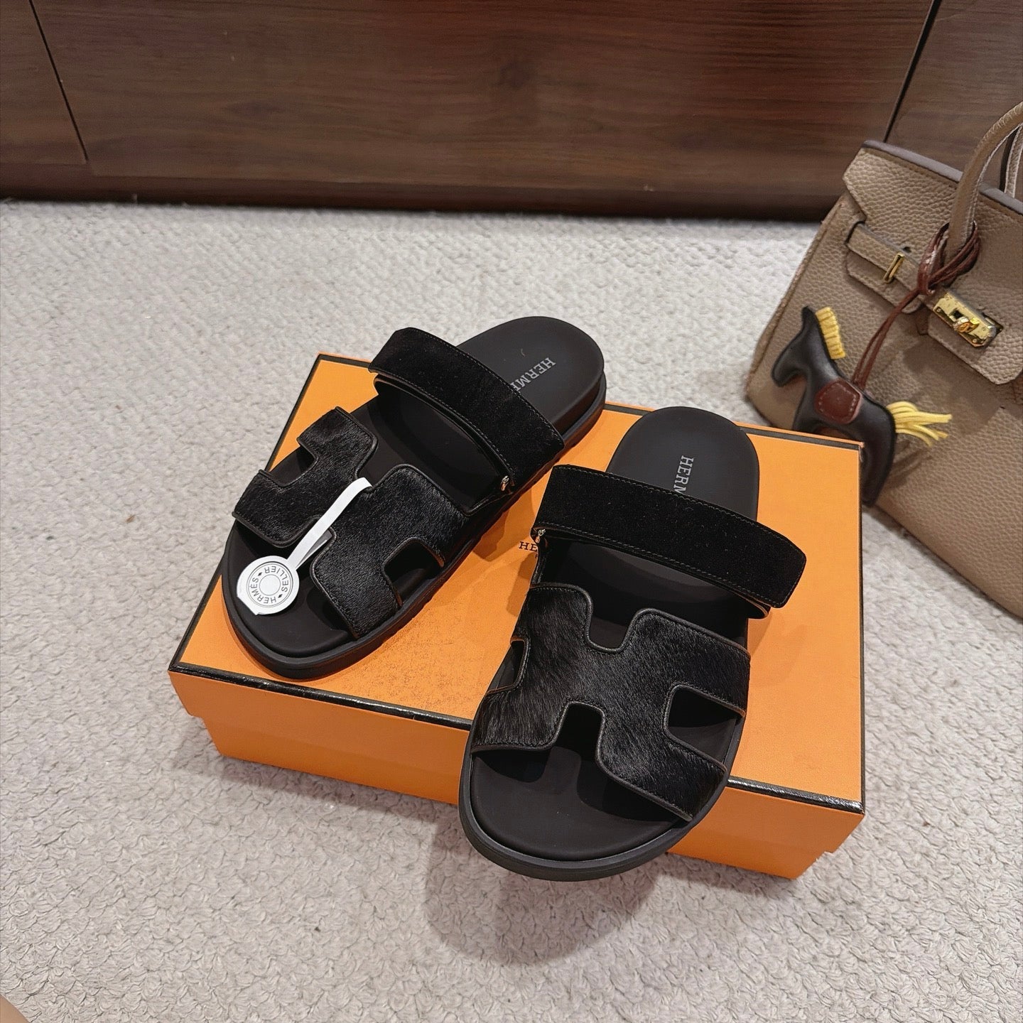 Hermes 2026 Chypre Sandal Black Moire Calfskin And Suede Goatskin 960078