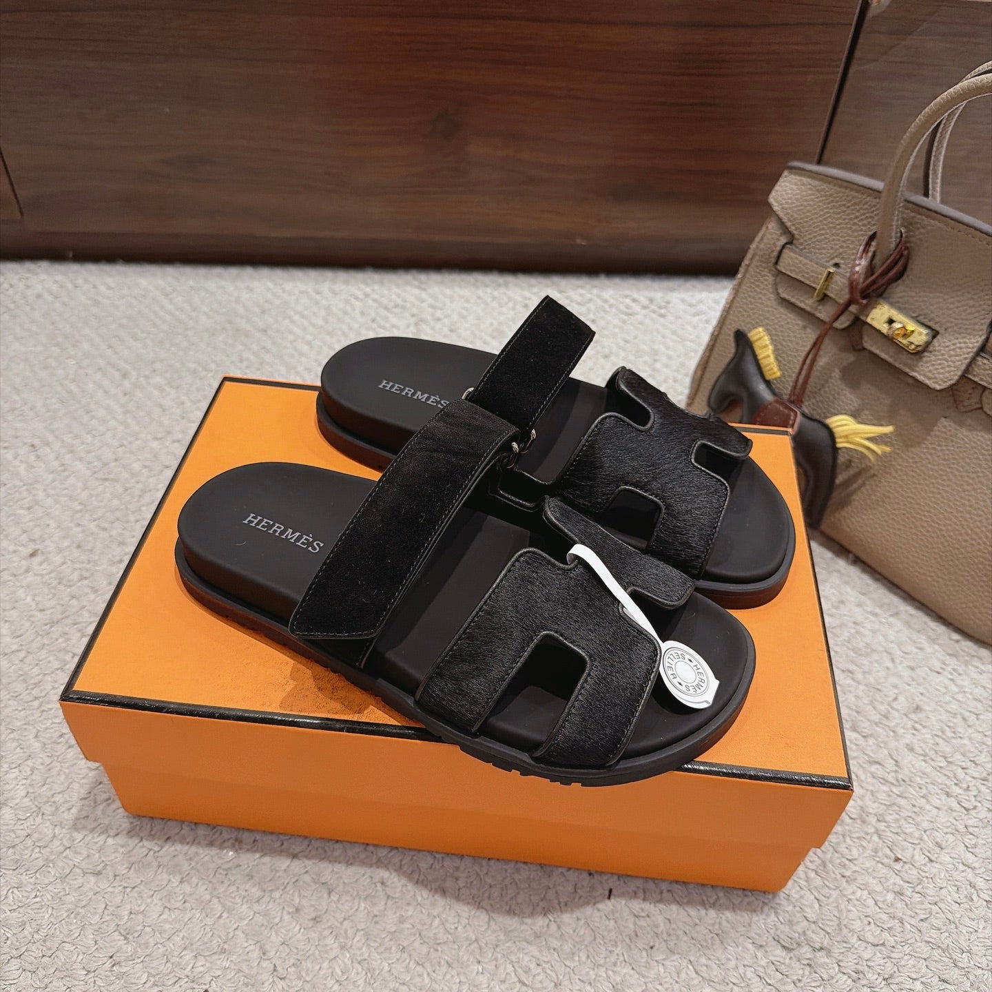 Hermes 2026 Chypre Sandal Black Moire Calfskin And Suede Goatskin 960078