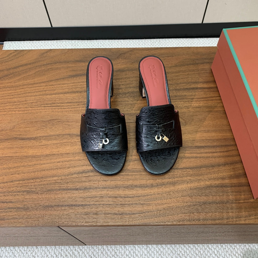 LP 2025 Sandal Black Ostrich-patterned Cowhide Leather 357859