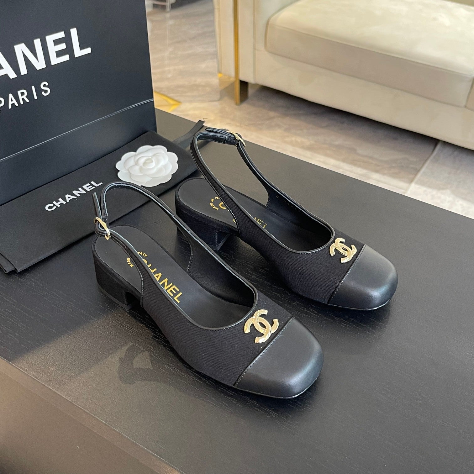 cc slingback 50 black grosgrain calfskin