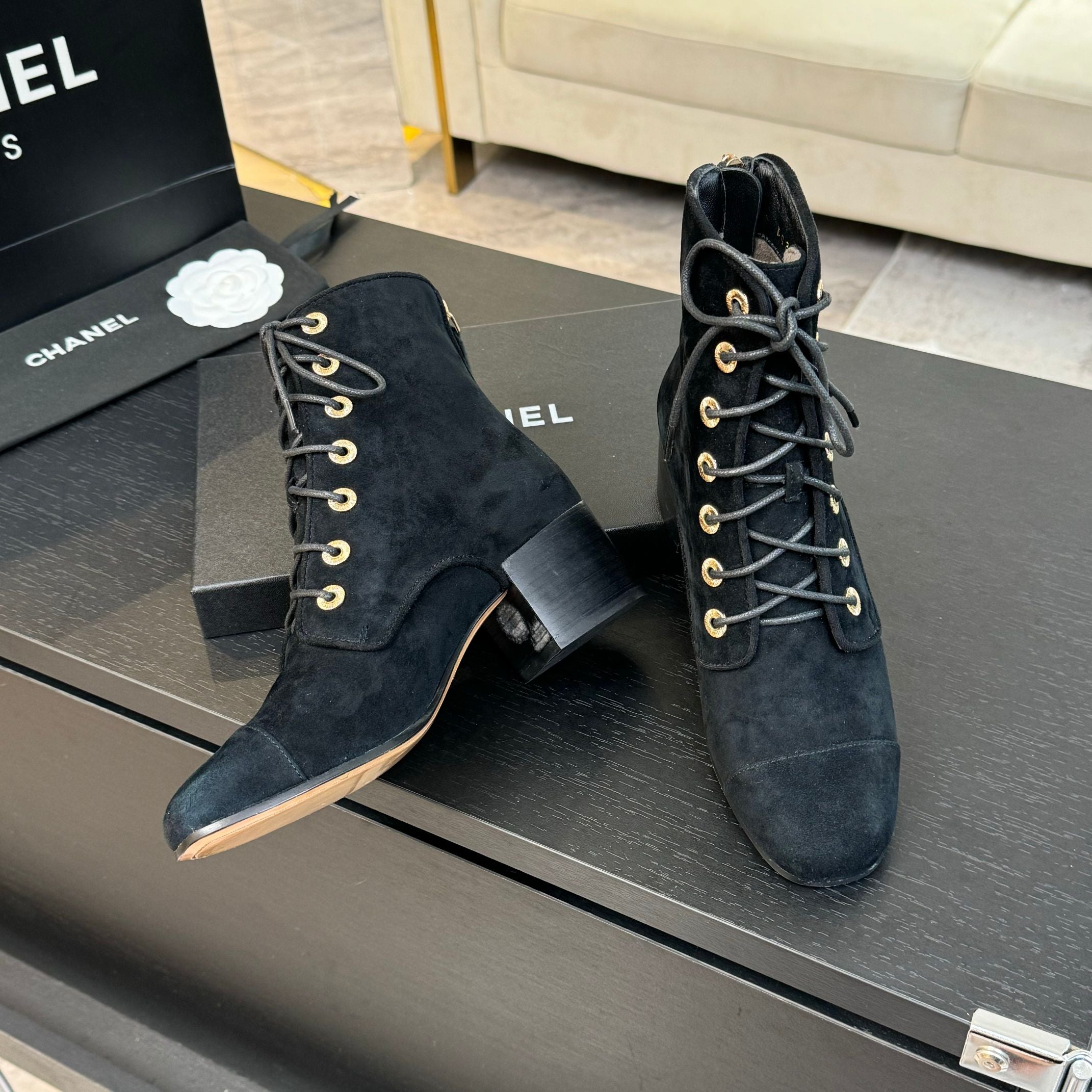 CC LACE-UP SHORT BOOTS IN BLACK SUEDE