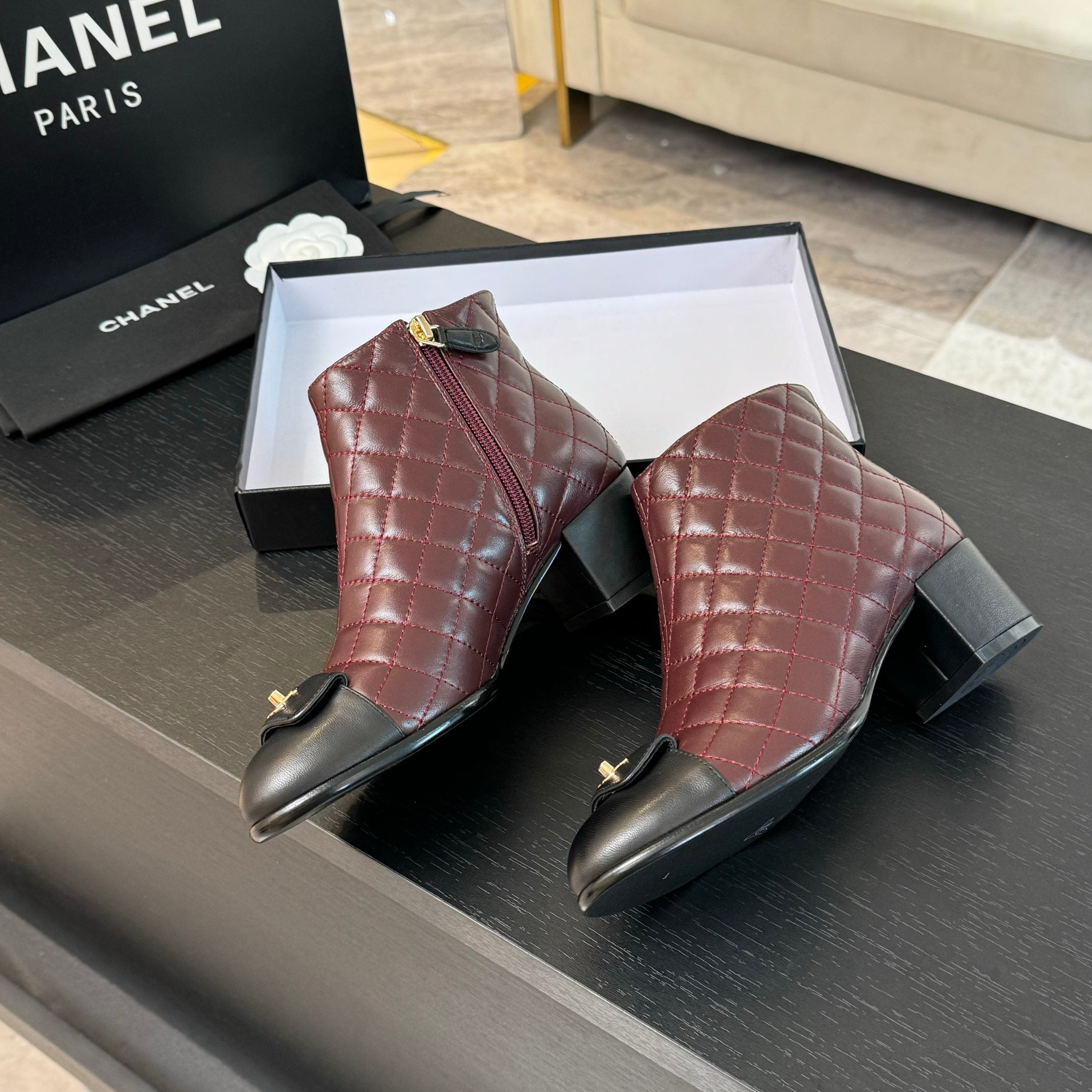 CC Ankle Boots 50mm Burgundy Black Quilted Lambskin
