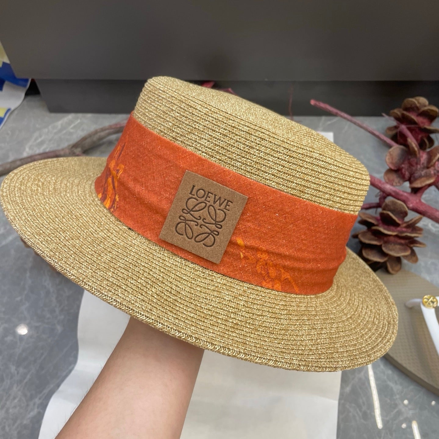 Loewe Floral Ribbon Band Straw Hat 216016