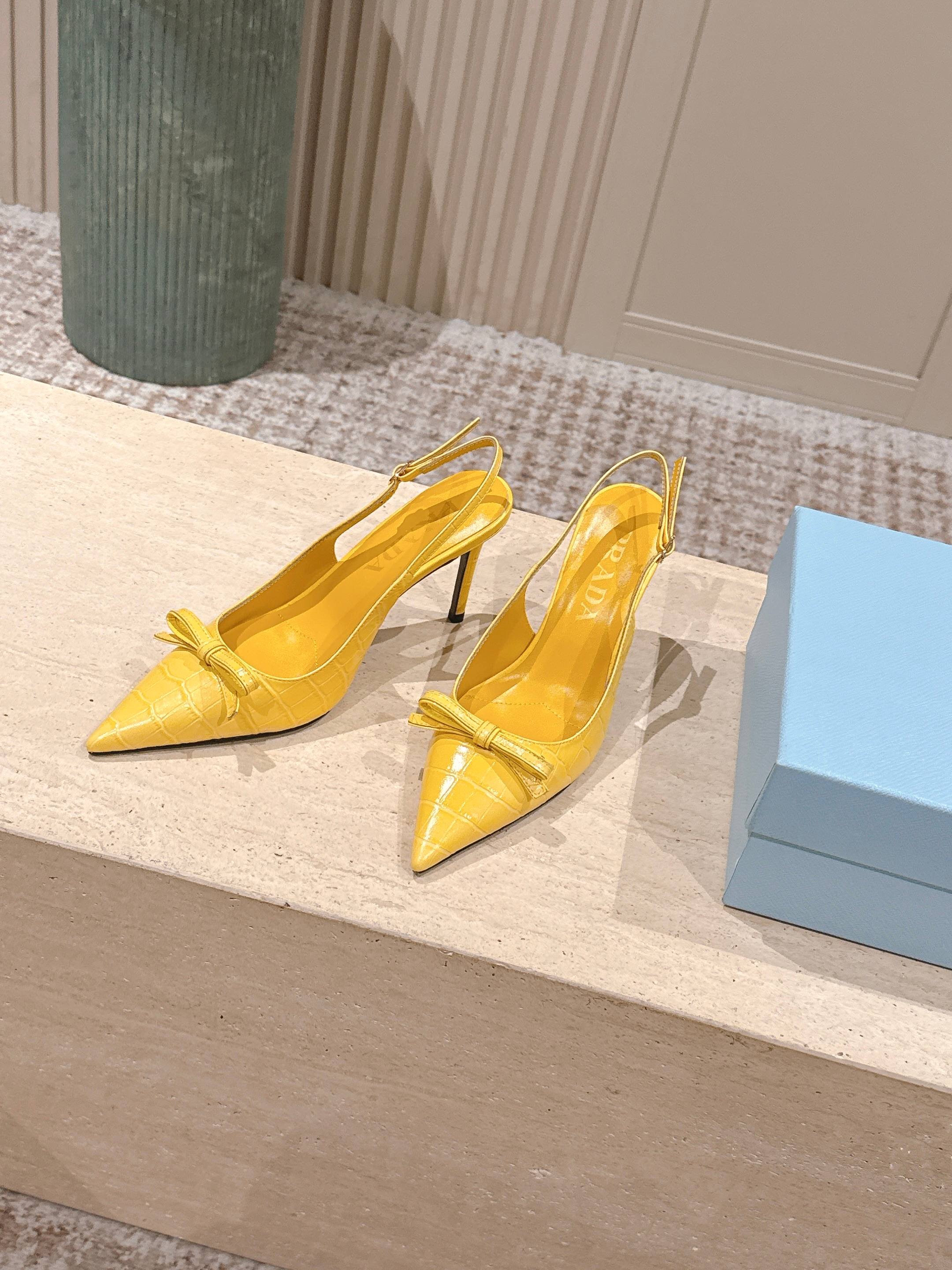 PRA 26S Slingback 85 Yellow Crocodile Embossed Leather 630738