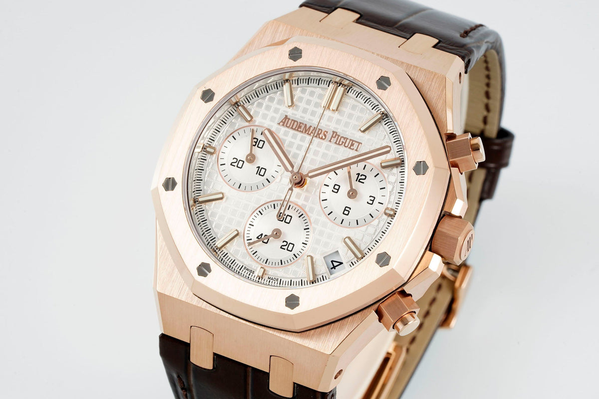 Audemars Piguet Royal Oak Chronograph 41mm Rose Gold White Dial Brown Leather