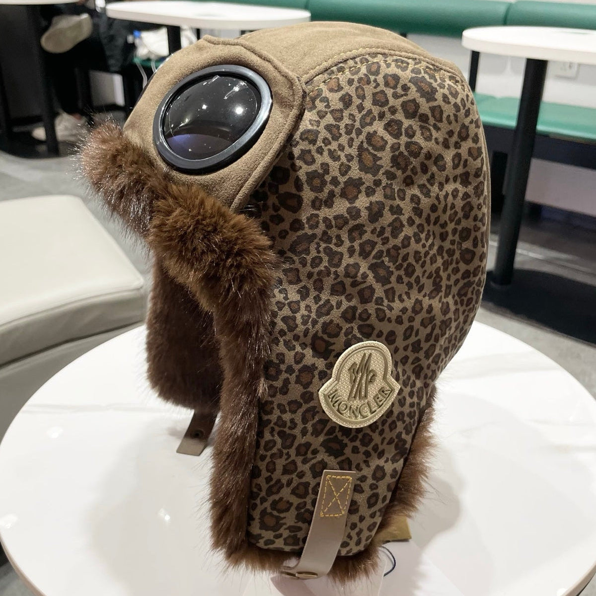 Moncler Suede Fur Leopard-Print Bomber Hat 497705