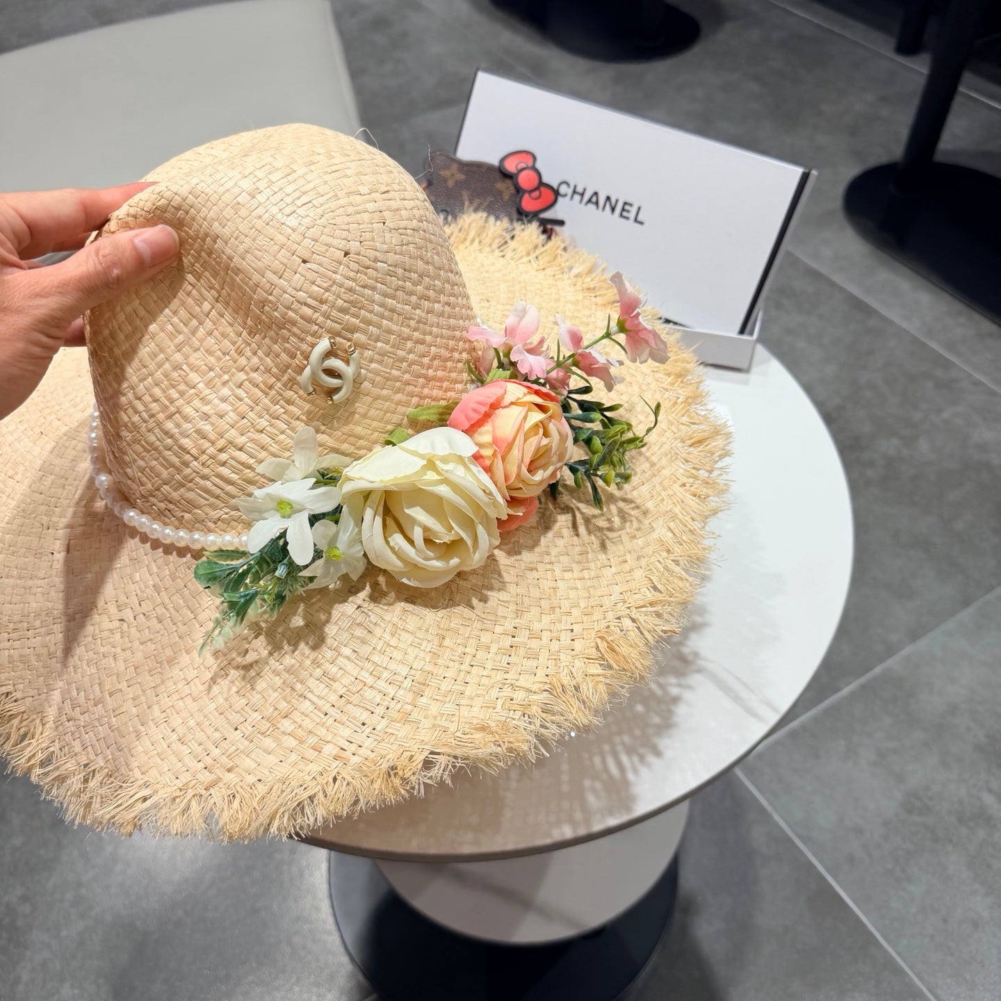 Chanel Flower Raffia Straw Wide-brimmed Hat 400708