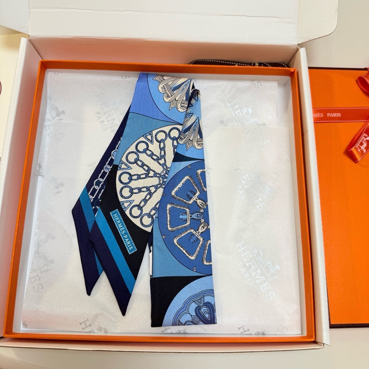 HM Twilly Mini Scarf 86CM Blue Black Mulberry Silk 967454