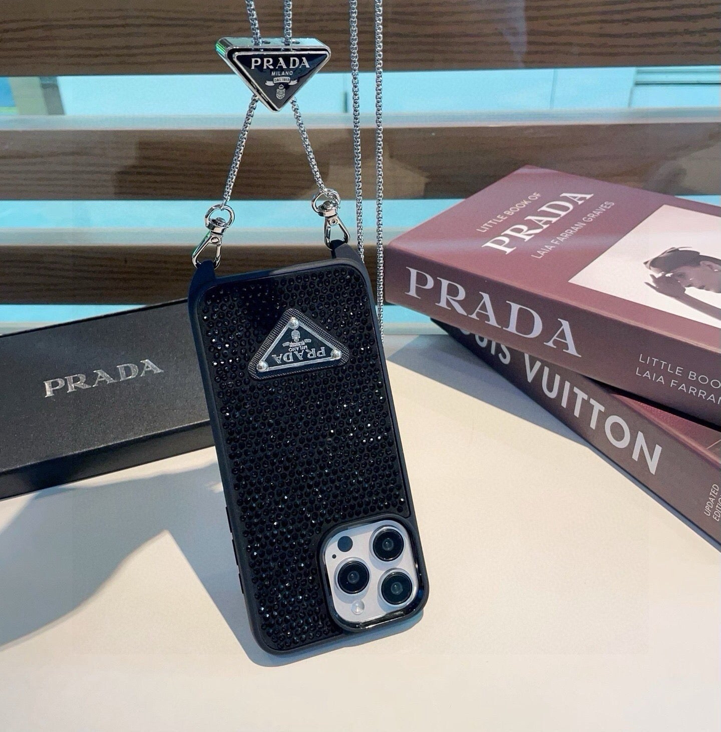 Prada Rhinestone Embellishments Phone Case With Chain Strap 395087