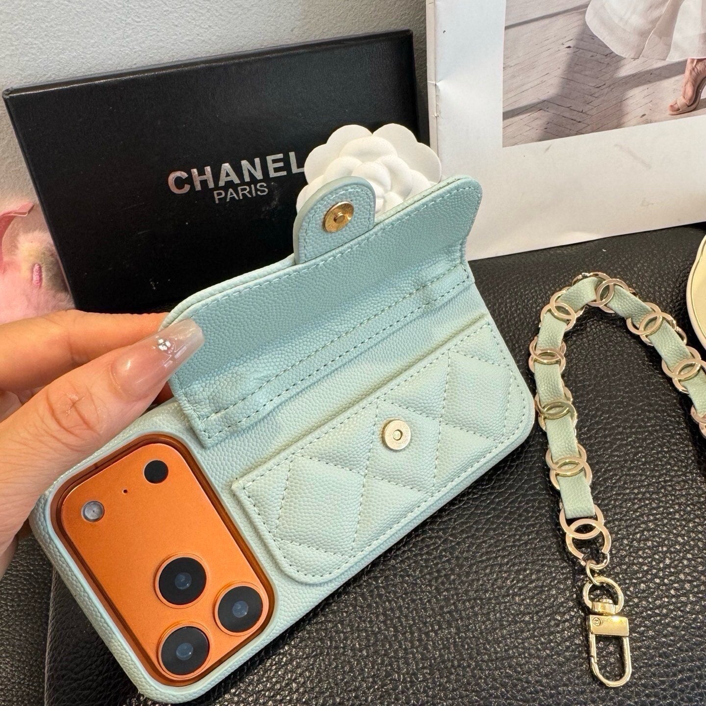 Chanel Quilted Caviar Leather Phone Case With Card Holder And Chain 398659