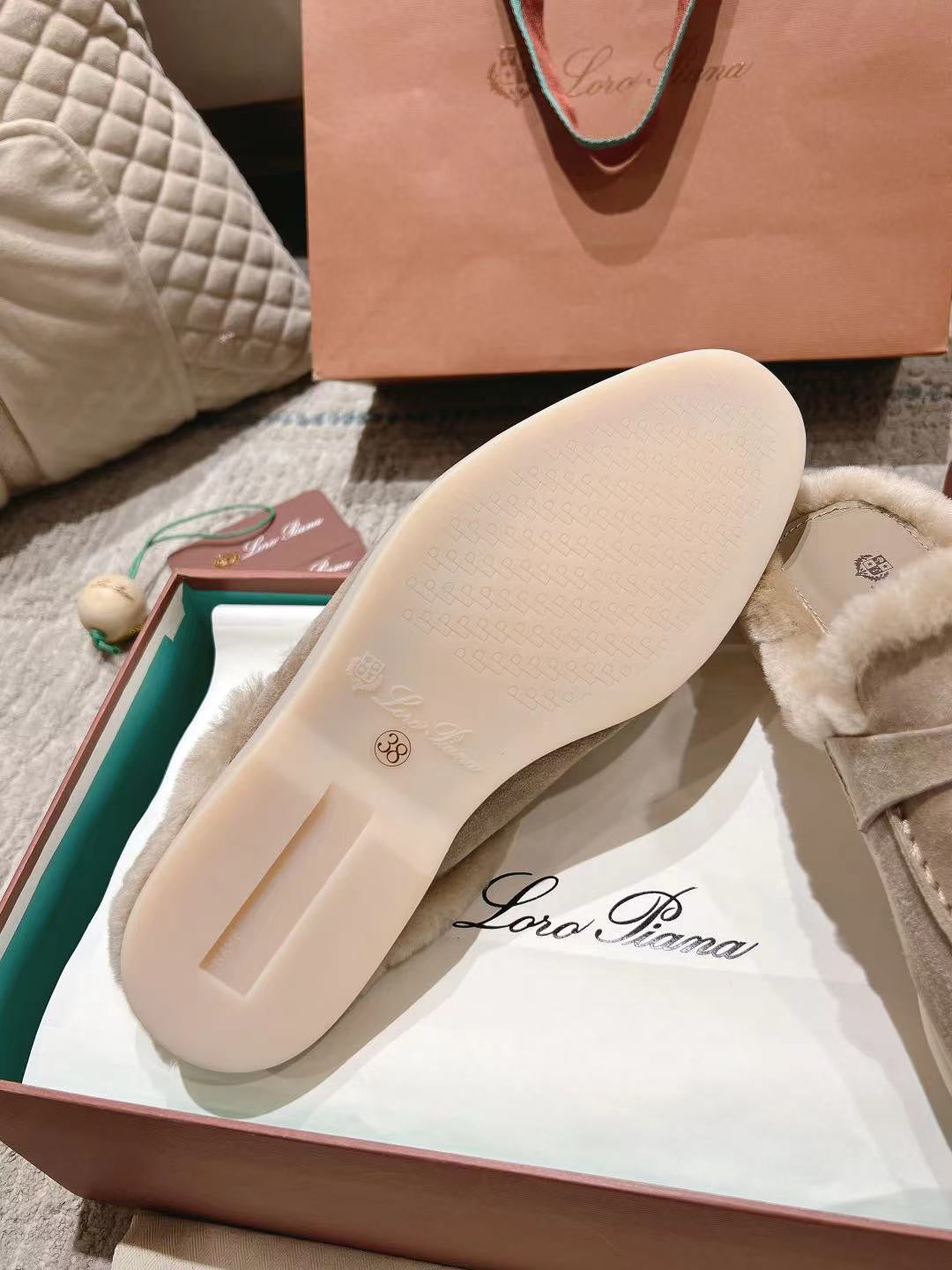 LP Charms Walk Babouche Loafer Sand Brown Suede With Rabbit Fur Lining 206226