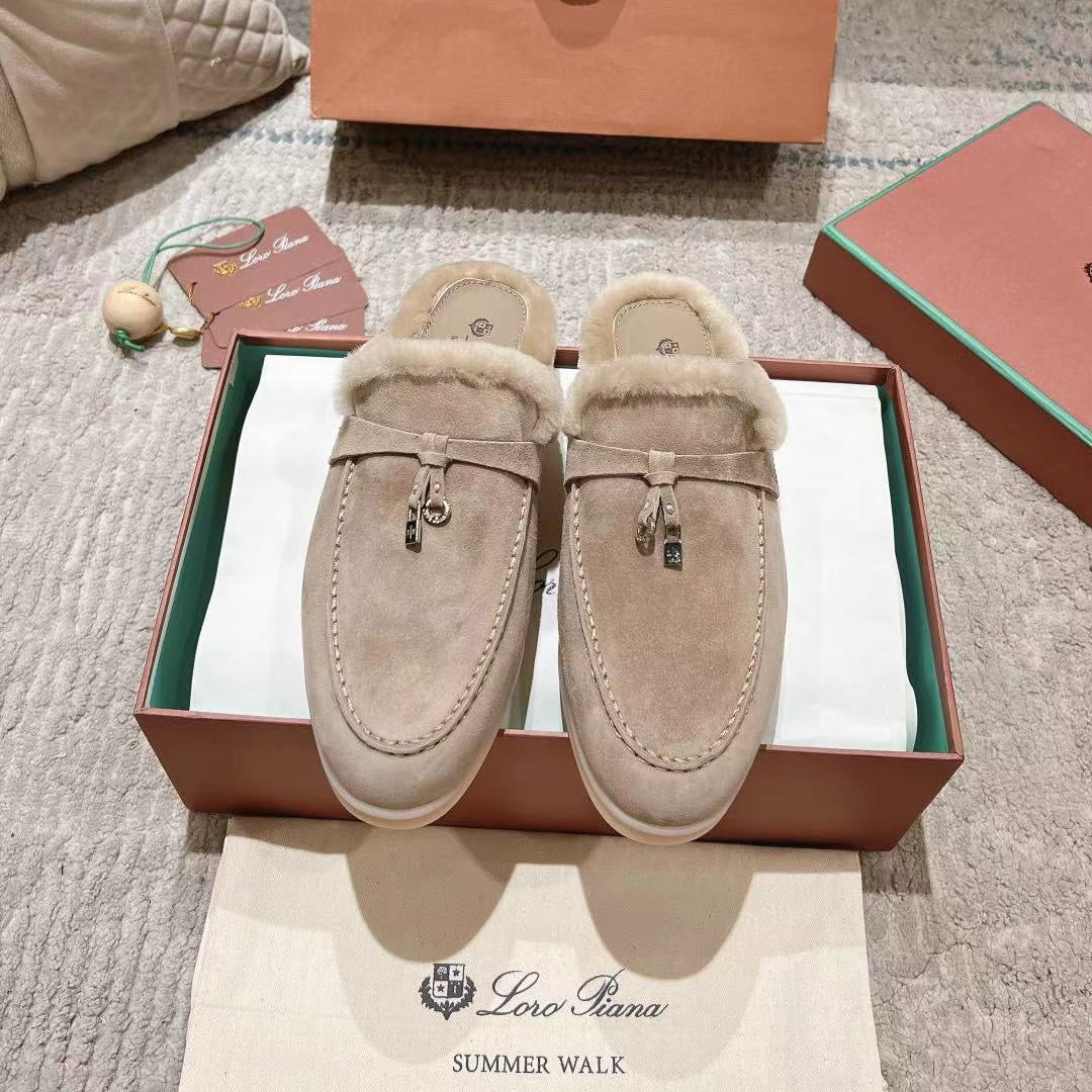LP Charms Walk Babouche Loafer Sand Brown Suede With Rabbit Fur Lining 206226