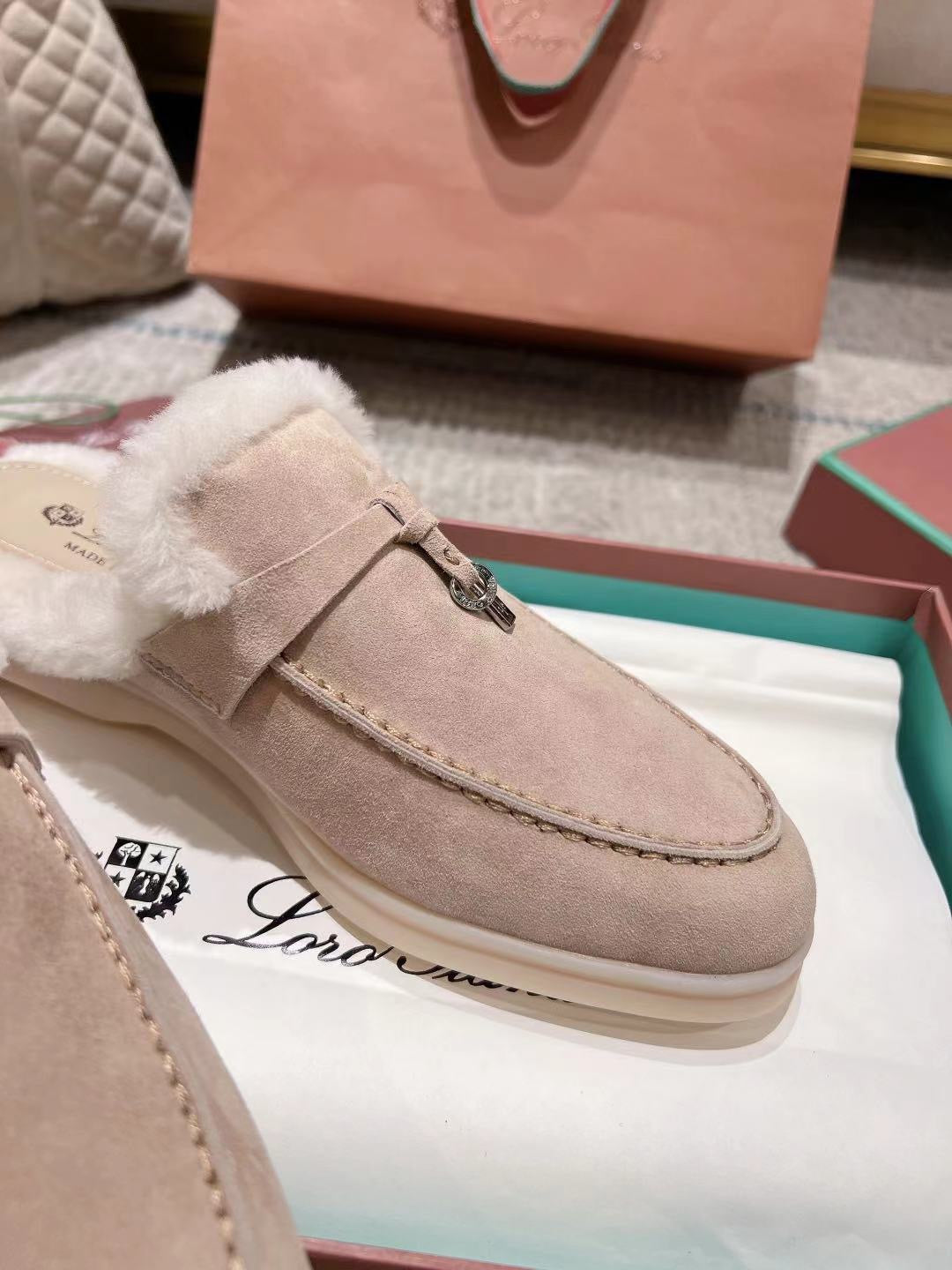 LP Charms Walk Babouche Loafer Light Brown Beige Mix White Suede With Rabbit Fur Lining 206237