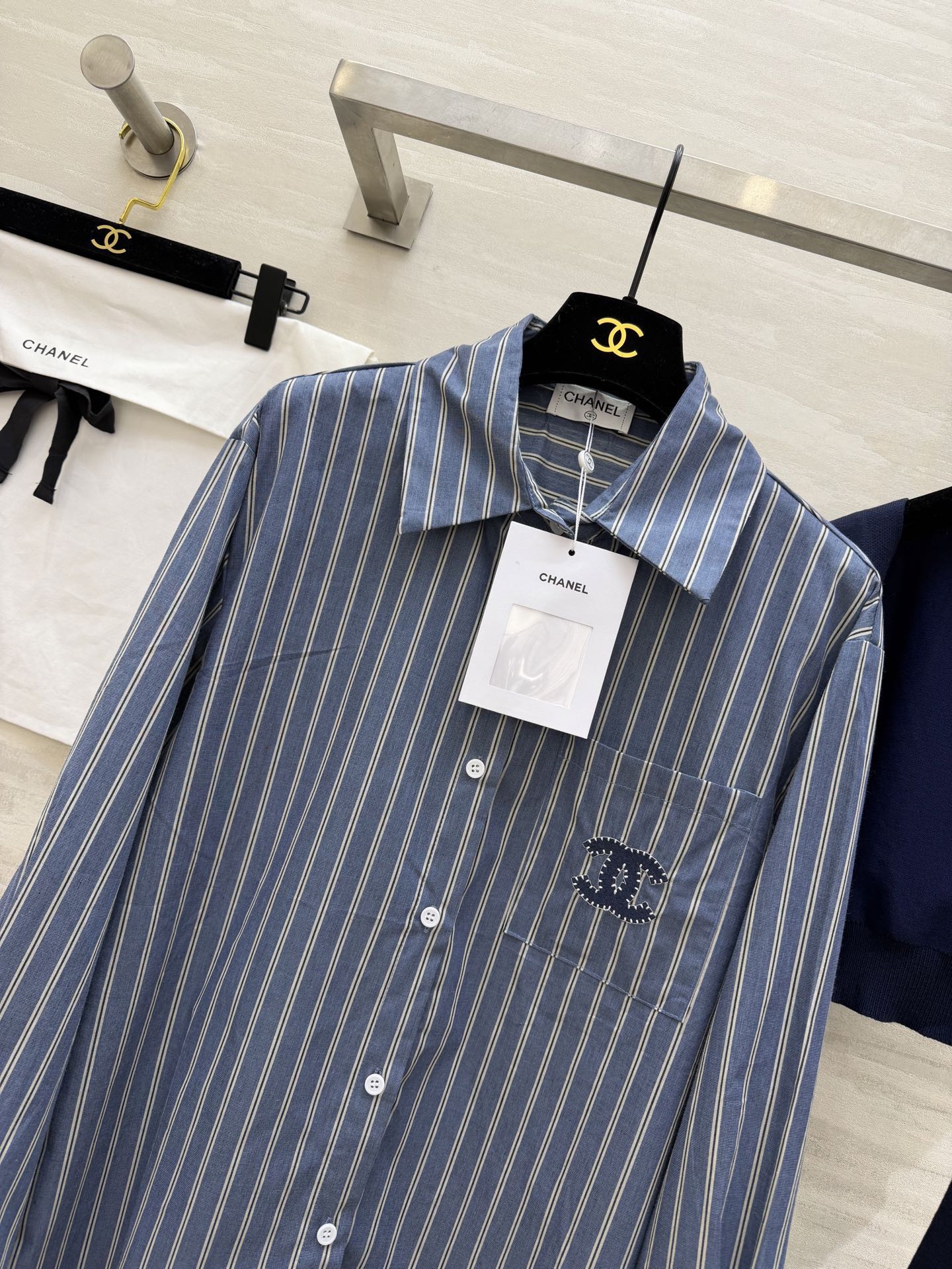Chanel 2026 Sriped Shirt and Knitted Shawl Blue Cotton 352264