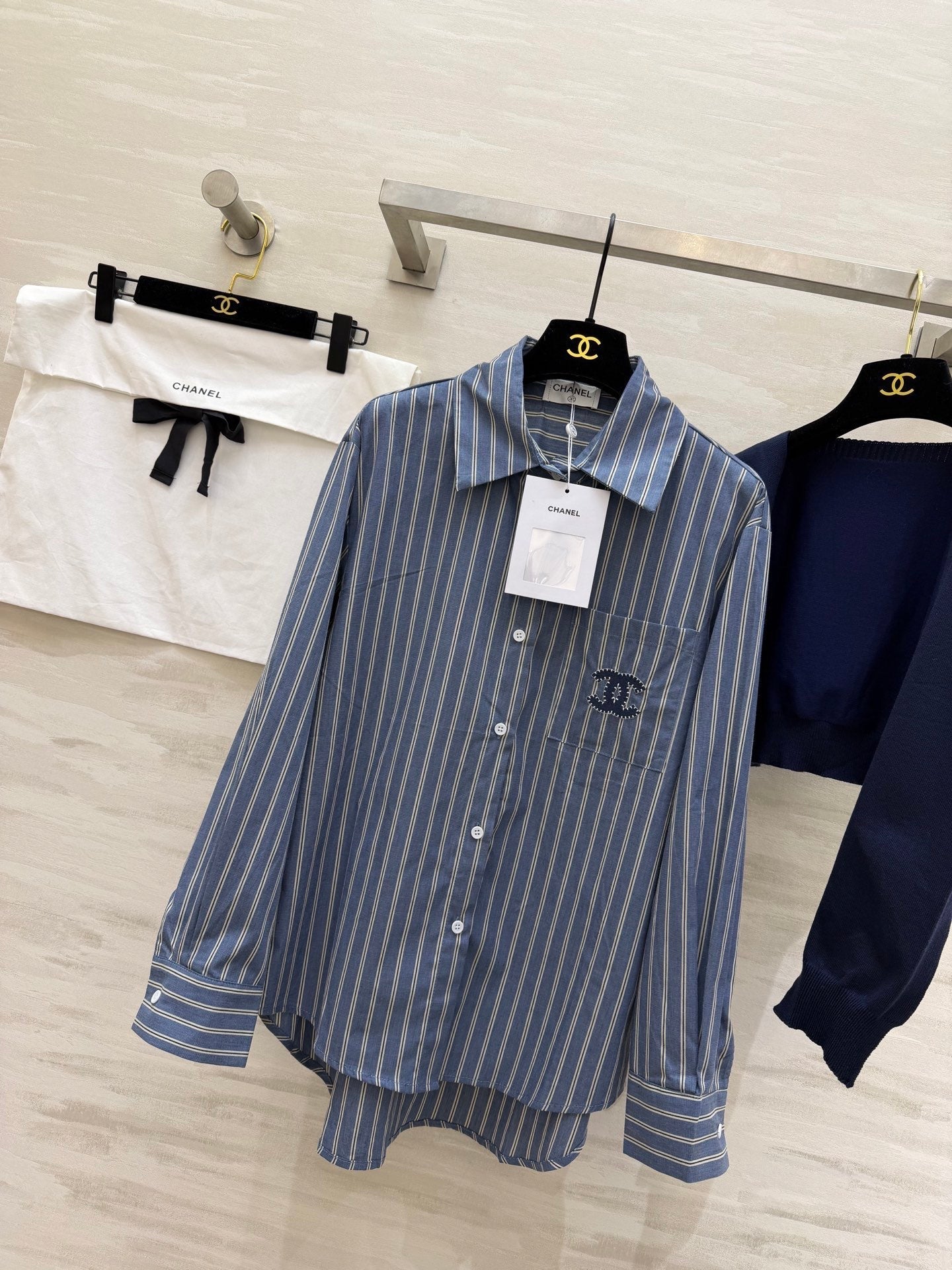 Chanel 2026 Sriped Shirt and Knitted Shawl Blue Cotton 352264